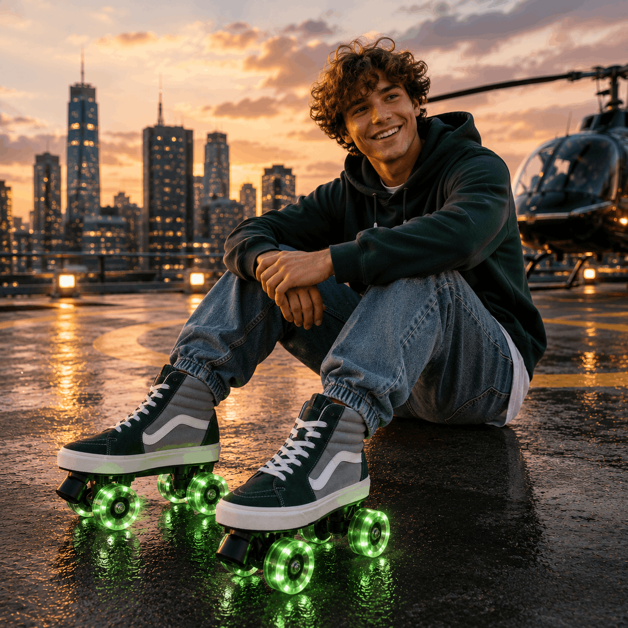 Moss Stone Quad Skating Double Row Roller Skates A smiling young man sits on a wet rooftop at sunset with a city skyline and a helicopter in the background. He is wearing a dark hoodie, light blue jeans, and dark skate shoes with glowing green wheels.