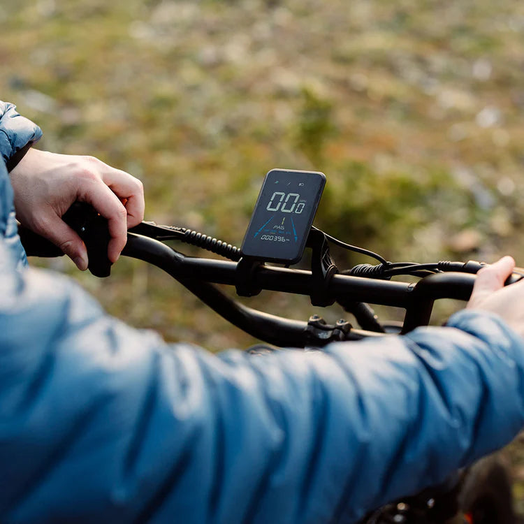 Freego Flash F3 Pro Max Dual Motor and Battery eBike Person holding a bicycle handlebar with a digital display in an outdoor setting. Freego Flash F3 Pro Max Dual Motor and Battery eBike