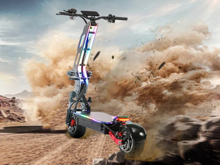 Freego D11 Landtiger Electric Scooter Foldable Dual Motor 4000W Electric scooter in a desert setting with dust cloud. Freego D11 Landtiger Electric Scooter Foldable Dual Motor 4000W