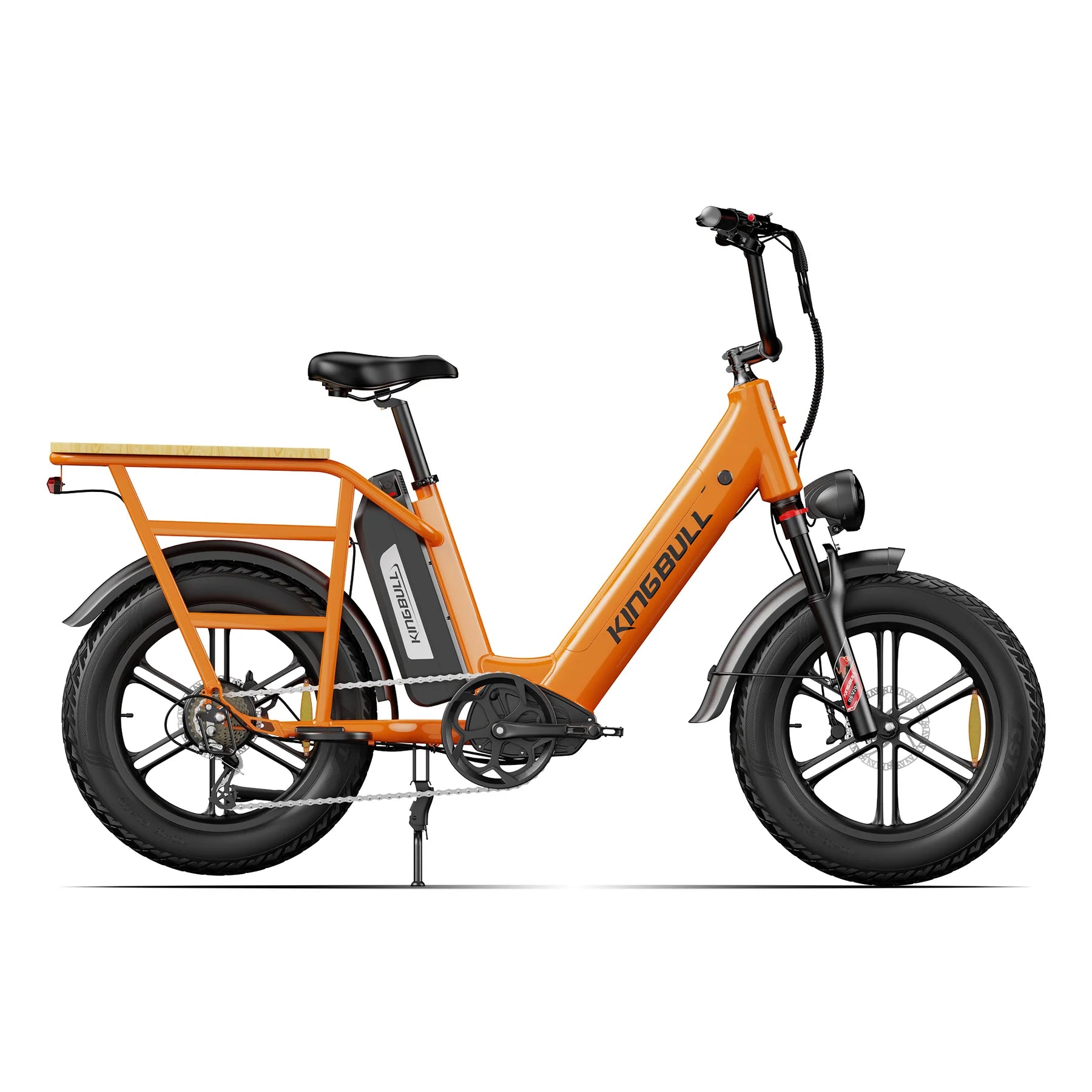 Kingbull Voyager 2.0 Fat Tire Electric Cargo Bike Orange electric bike with 'KINGBULL' branding on a white background. Kingbull Voyager 2.0 Fat Tire Electric Cargo Bike