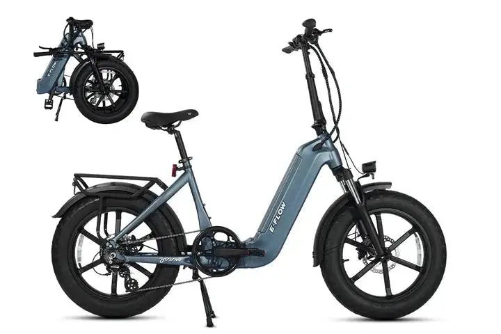YOUNG Electric E-Flow 750W Folding eBike Electric bike with a smaller inset image of the same bike folded. YOUNG Electric E-Flow 750W Folding eBike
