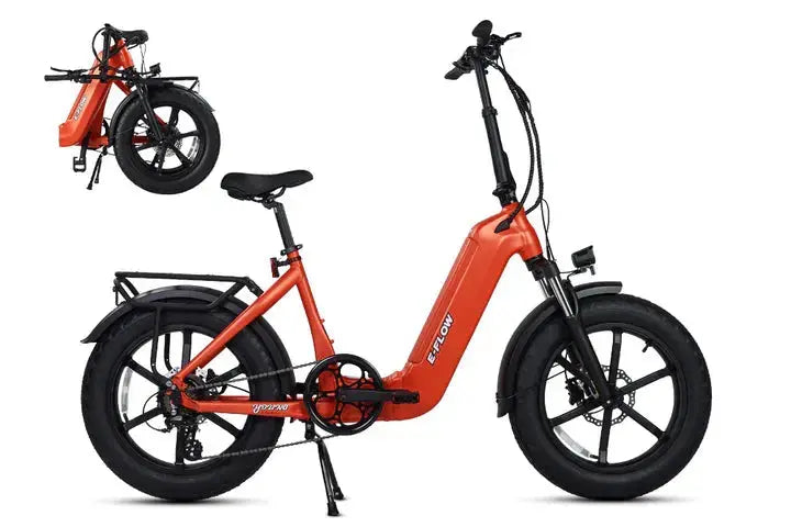 YOUNG Electric E-Flow 750W Folding eBike Orange electric bike with a smaller inset image of the same bike on a white background. YOUNG Electric E-Flow 750W Folding eBike