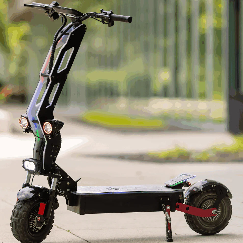 Freego D11 Landtiger Electric Scooter Foldable Dual Motor 4000W Electric scooter on a blurred outdoor background. Freego D11 Landtiger Electric Scooter Foldable Dual Motor 4000W