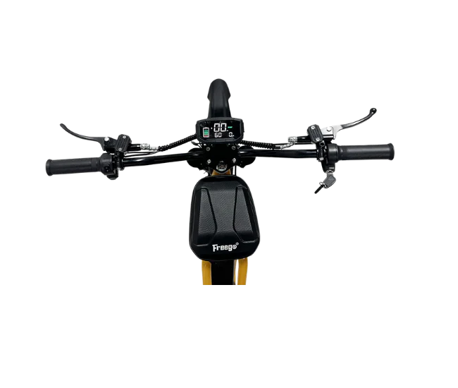 Freego Nova 2 Mid-Drive Youth Electric Dirt Bike Motorcycle handlebar with digital display and Prange branding on a white background. Freego Nova 2 Mid-Drive Youth Electric Dirt Bike
