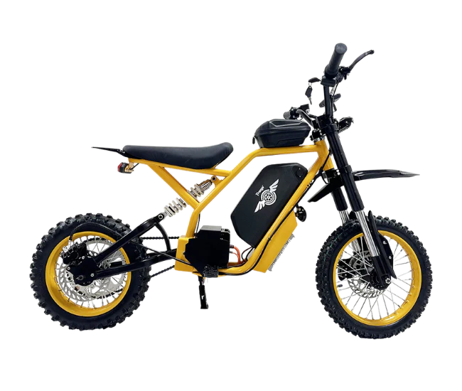 Freego Nova 2 Mid-Drive Youth Electric Dirt Bike Yellow electric bike with black seat and components on a white background. Freego Nova 2 Mid-Drive Youth Electric Dirt Bike