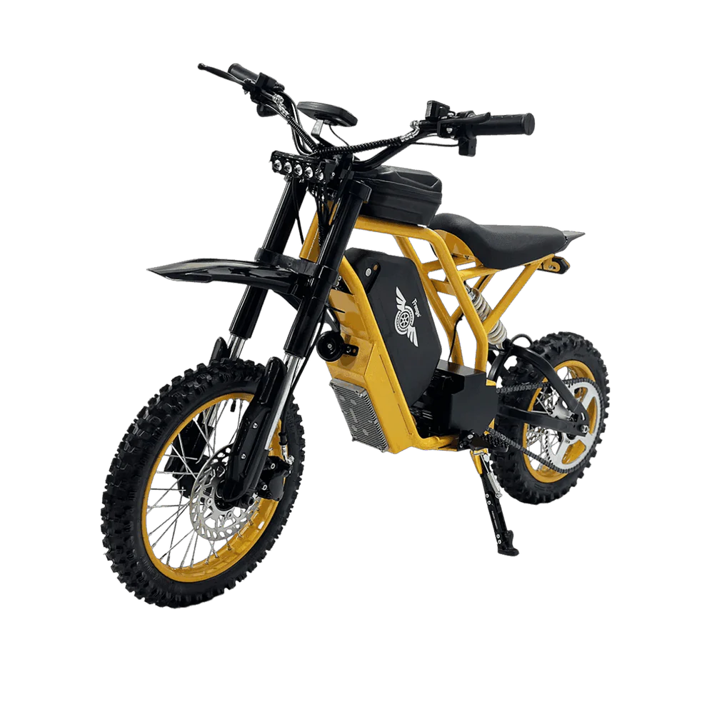 Freego Nova 2 Mid-Drive Youth Electric Dirt Bike Yellow and black electric bike on a white background. Freego Nova 2 Mid-Drive Youth Electric Dirt Bike