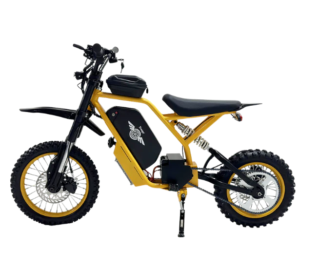 Freego Nova 2 Mid-Drive Youth Electric Dirt Bike Yellow electric bike with black accents on a white background. Freego Nova 2 Mid-Drive Youth Electric Dirt Bike