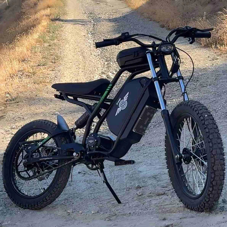 Freego Nova 3 Mid-Drive All-Terrain Dirt eBike Black electric bike on a dirt road. Freego Nova 3 Mid-Drive All-Terrain Dirt eBike