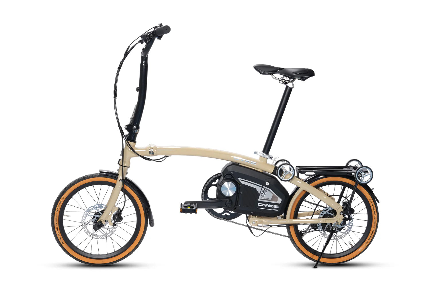 CYKE Kingfisher Mid-Drive Folding eBike Beige and black electric bike on a white background. CYKE Kingfisher Mid-Drive Folding eBike