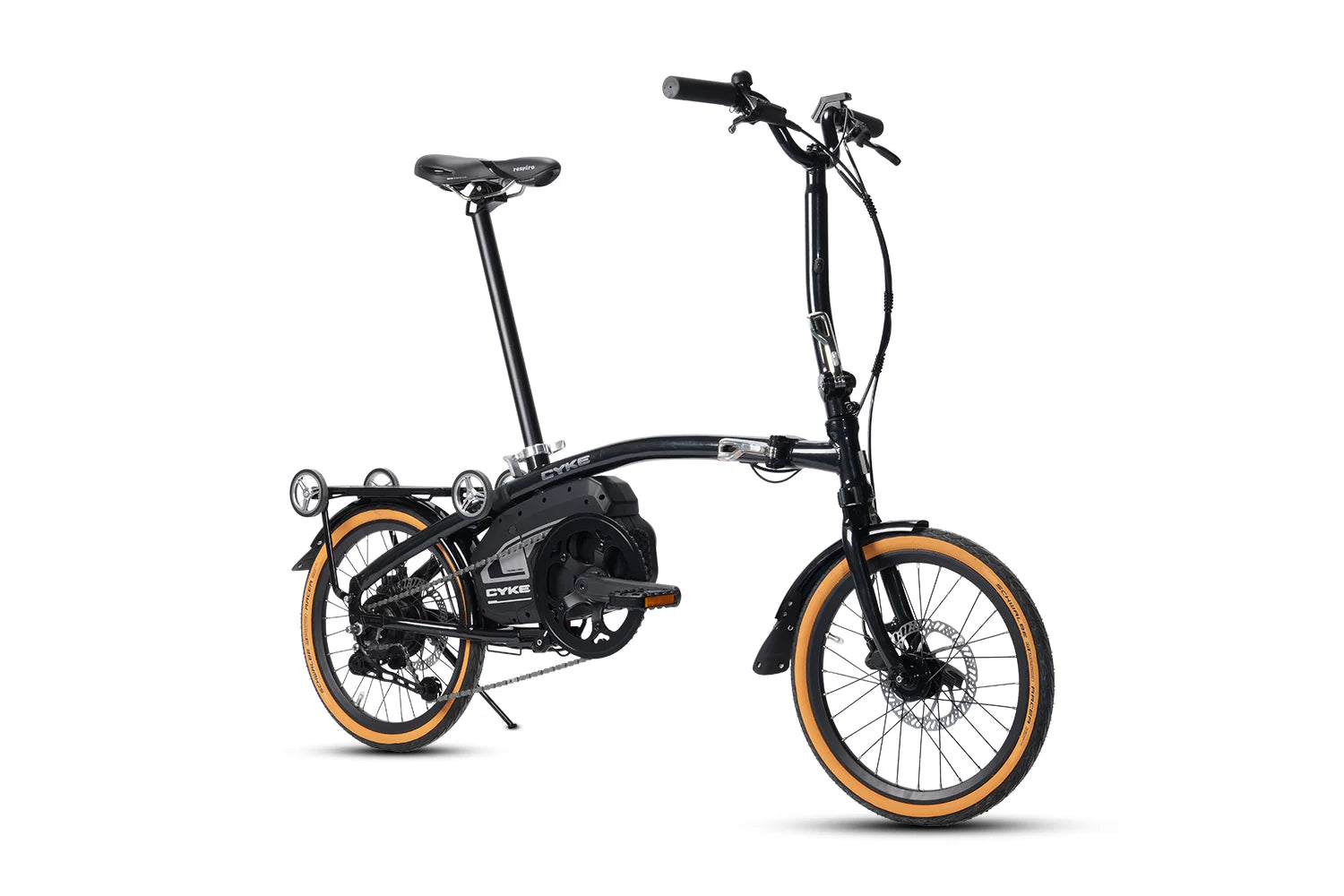 CYKE Kingfisher Mid-Drive Folding eBike Black electric bike with orange wheels on a white background. CYKE Kingfisher Mid-Drive Folding eBike