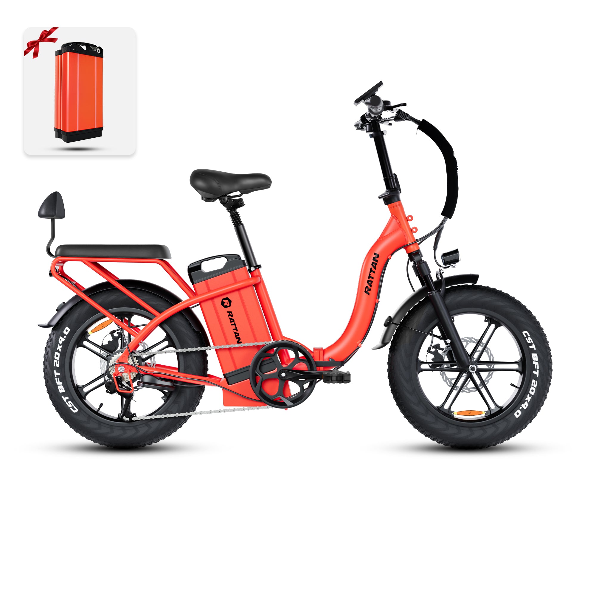 Rattan LF Ultra Folding ebike Orange electric bike with a small inset showing a battery pack on a white background. Rattan LF Ultra Folding ebike