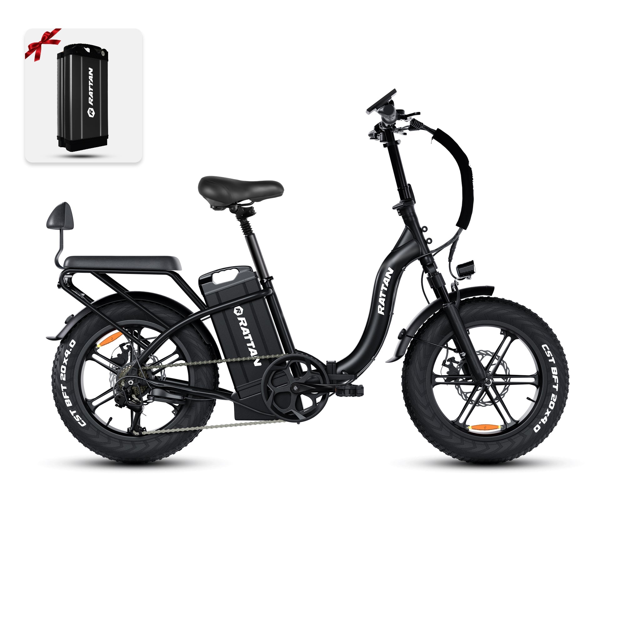 Rattan LF Ultra Folding ebike Black electric bike with a battery pack on a white background. Rattan LF Ultra Folding ebike