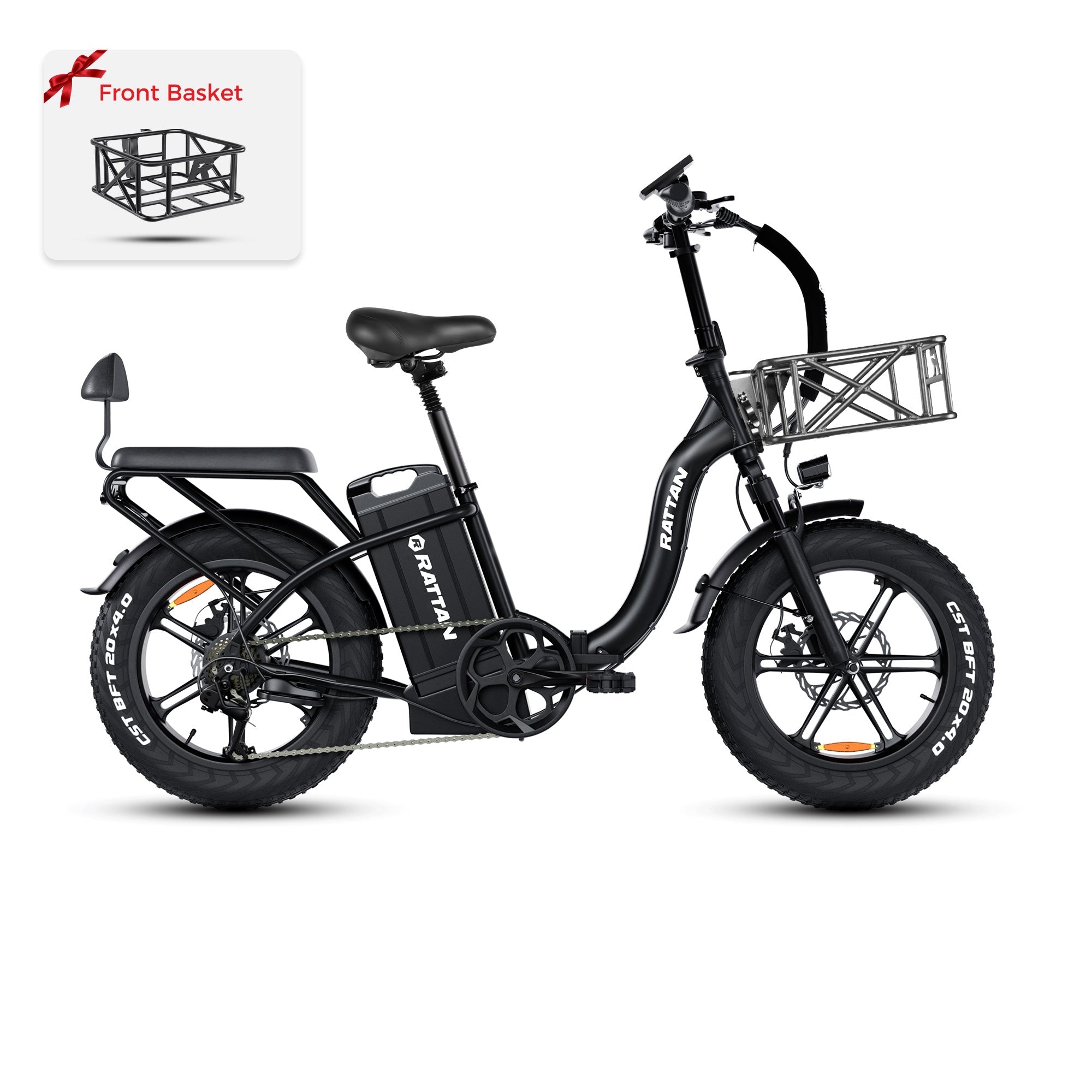 Rattan LF Ultra Folding ebike Black electric bike with front basket attachment on a white background. Rattan LF Ultra Folding ebike