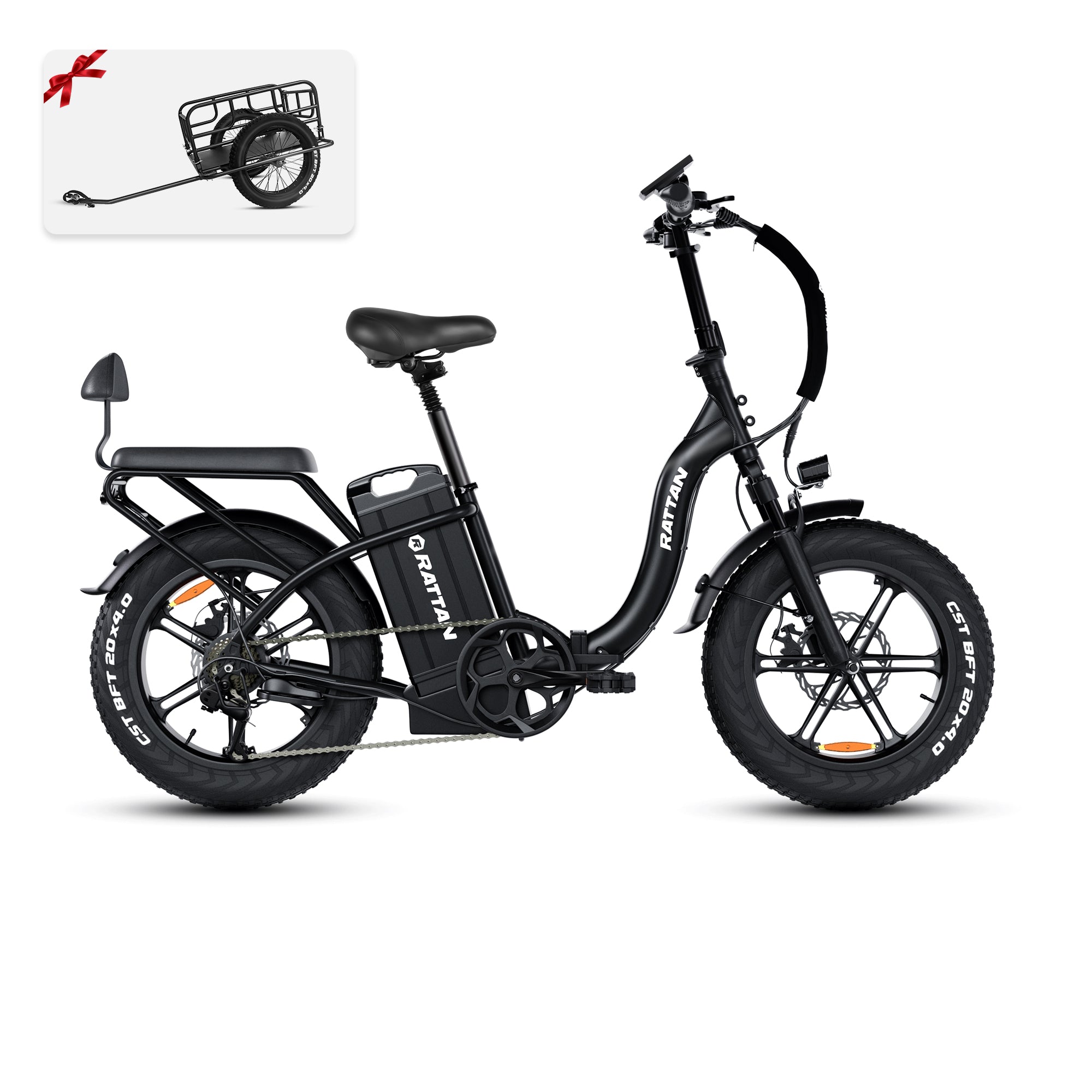Rattan LF Ultra Folding ebike Black electric bike with a small trailer attachment on a white background. Rattan LF Ultra Folding ebike