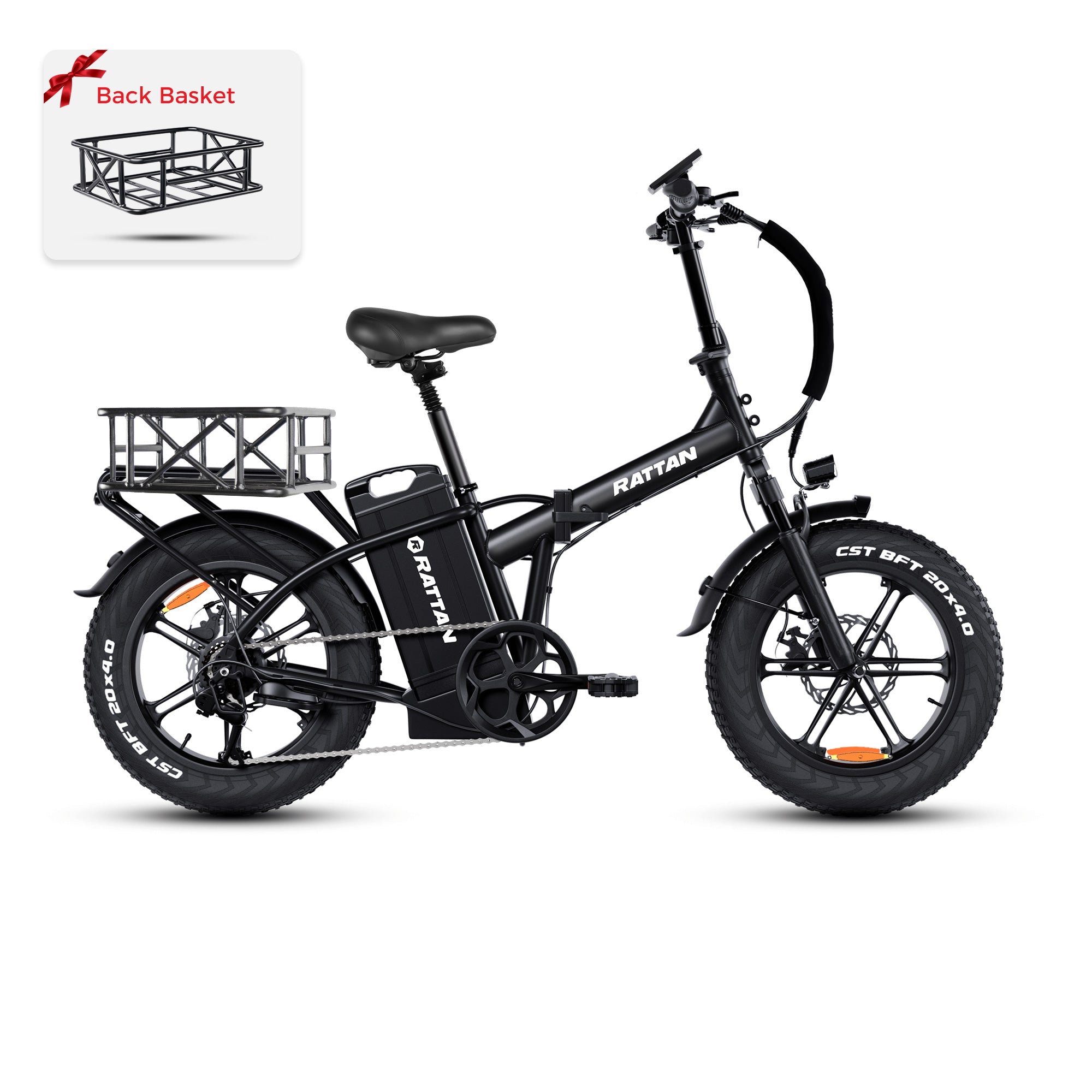 Rattan LM Ultra Folding ebike Black electric bike with a back basket attachment on a white background. Rattan LM Ultra Folding ebike
