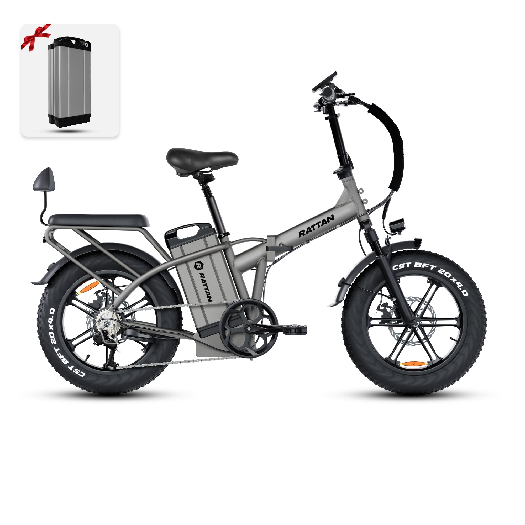 Rattan LM Ultra Folding ebike Gray electric bike with a battery pack on a white background. Rattan LM Ultra Folding ebike