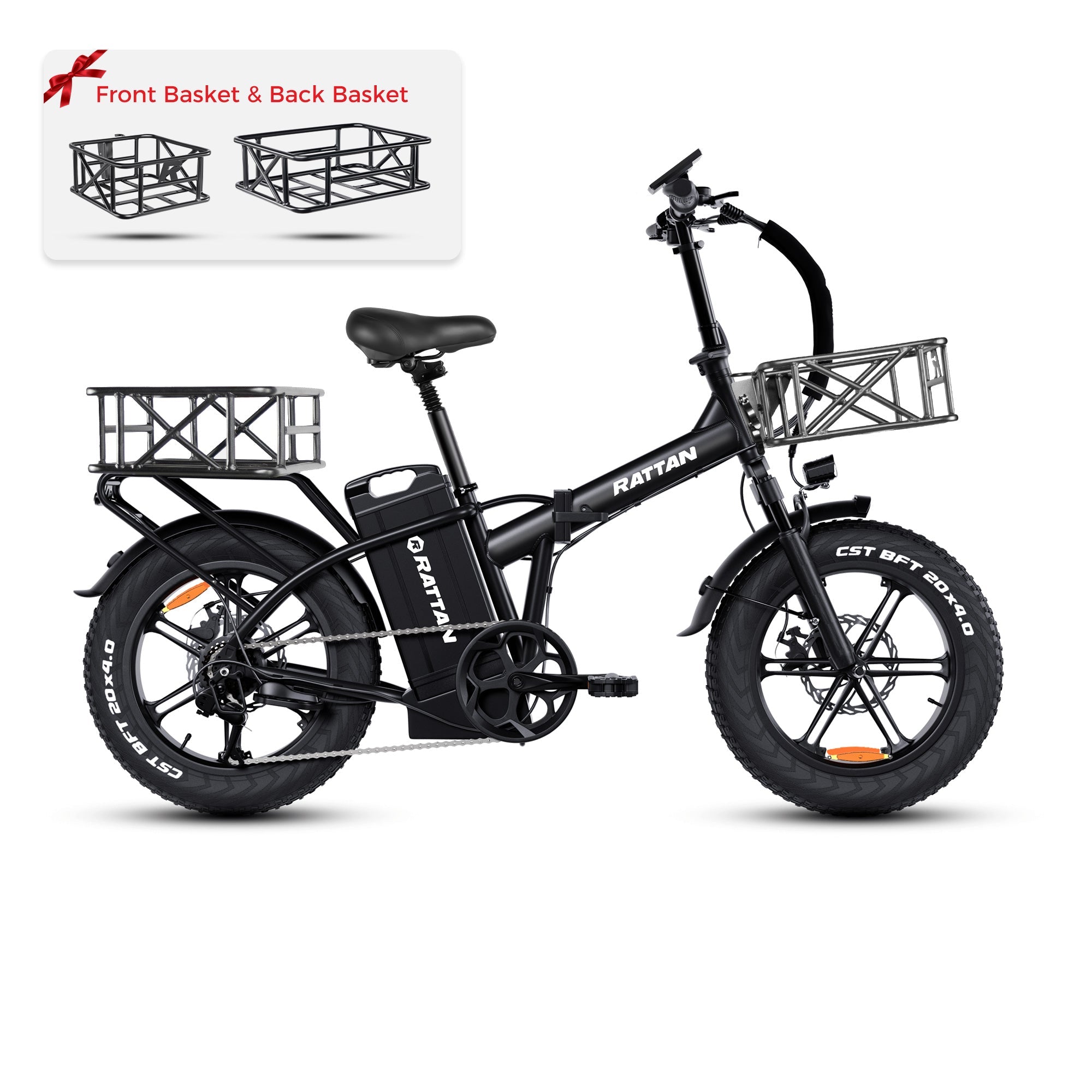 Rattan LM Ultra Folding ebike Black electric bike with front and back baskets on a white background. Rattan LM Ultra Folding ebike