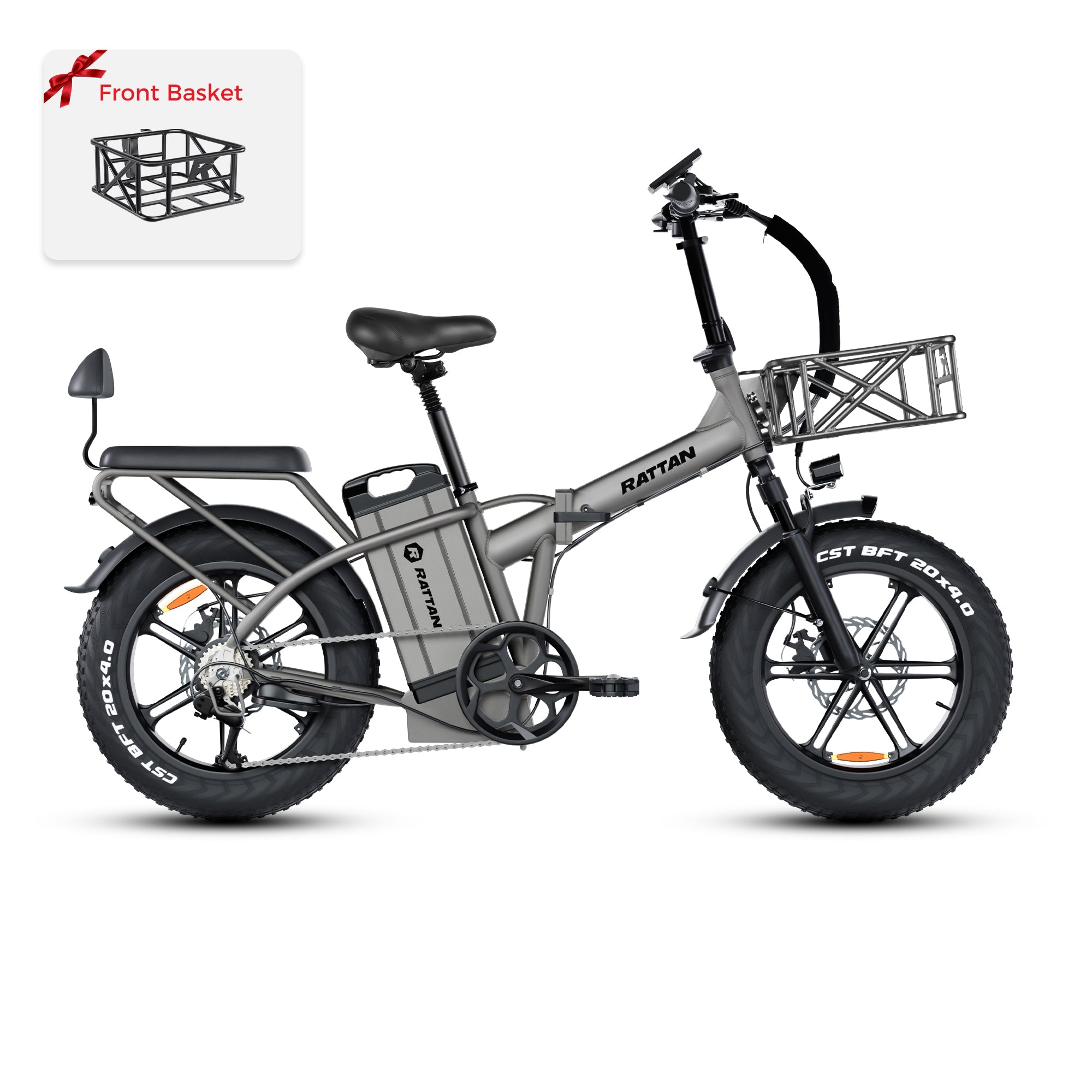 Rattan LM Ultra Folding ebike Gray electric bike with front basket attachment on a white background. Rattan LM Ultra Folding ebike