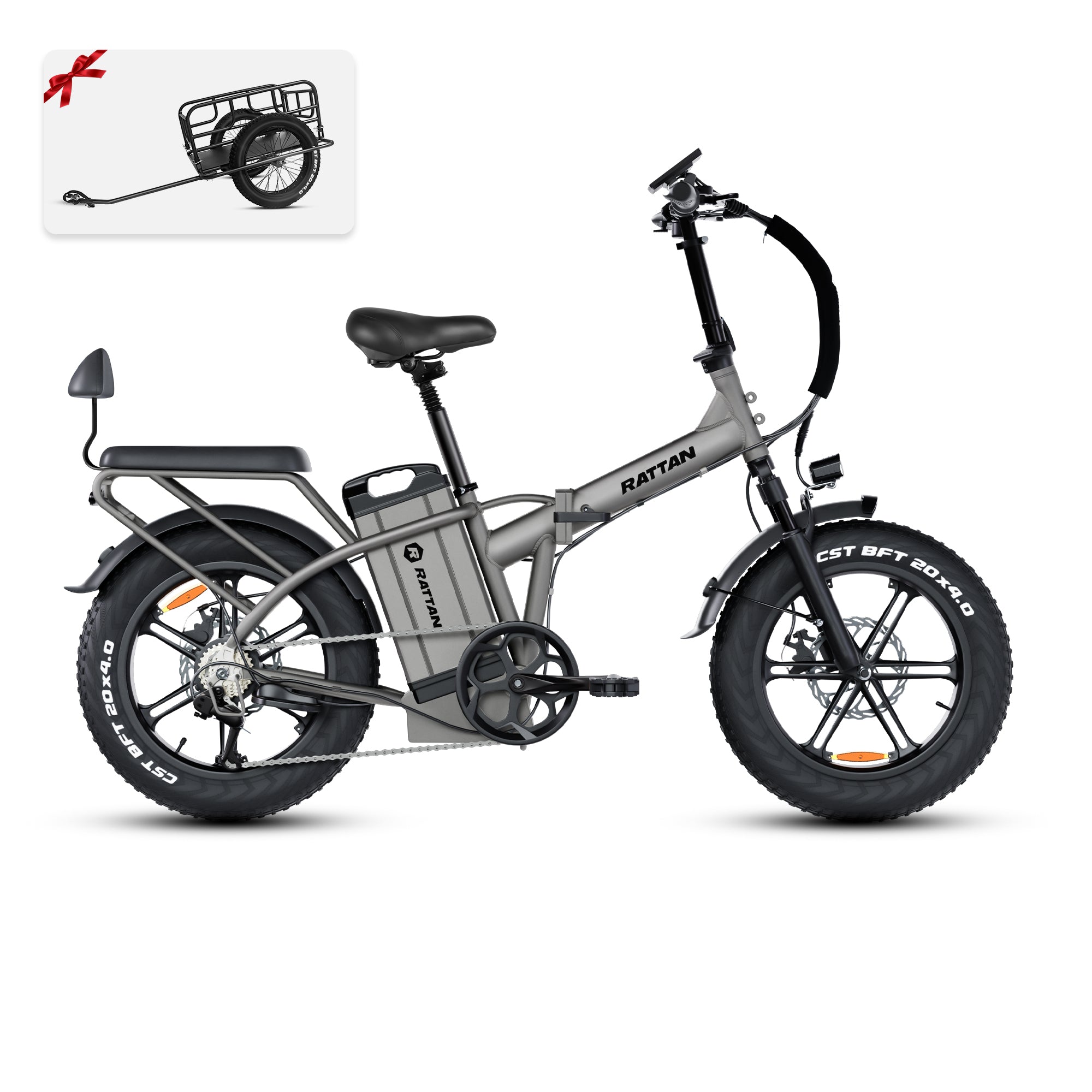 Rattan LM Ultra Folding ebike Gray electric bike with a small trailer attachment on a white background. Rattan LM Ultra Folding ebike