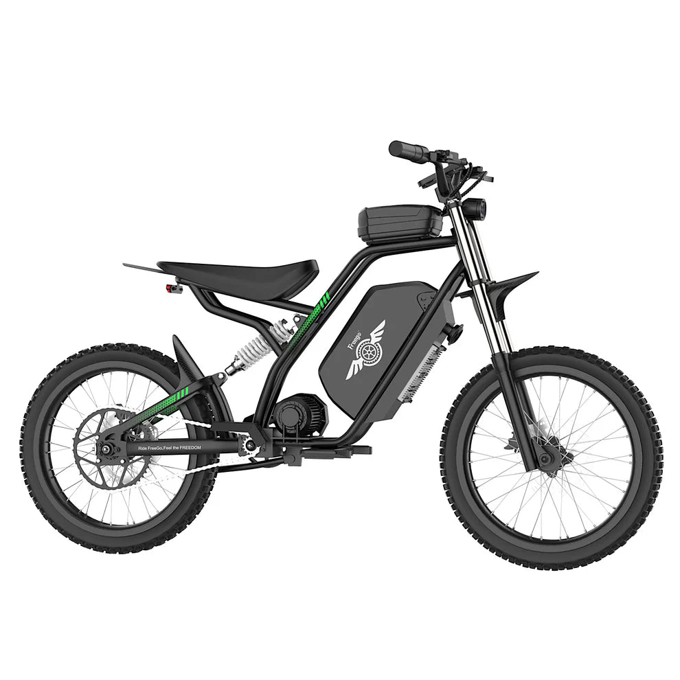 Freego Nova 3 Mid-Drive All-Terrain Dirt eBike Black electric bike with green accents on a white background. Freego Nova 3 Mid-Drive All-Terrain Dirt eBike