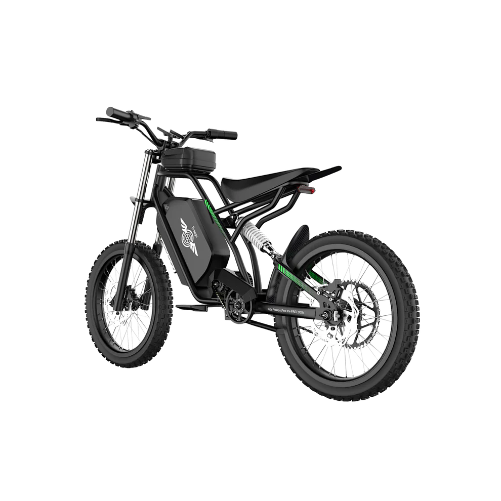 Freego Nova 3 Mid-Drive All-Terrain Dirt eBike Black electric bike on a white background. Freego Nova 3 Mid-Drive All-Terrain Dirt eBike