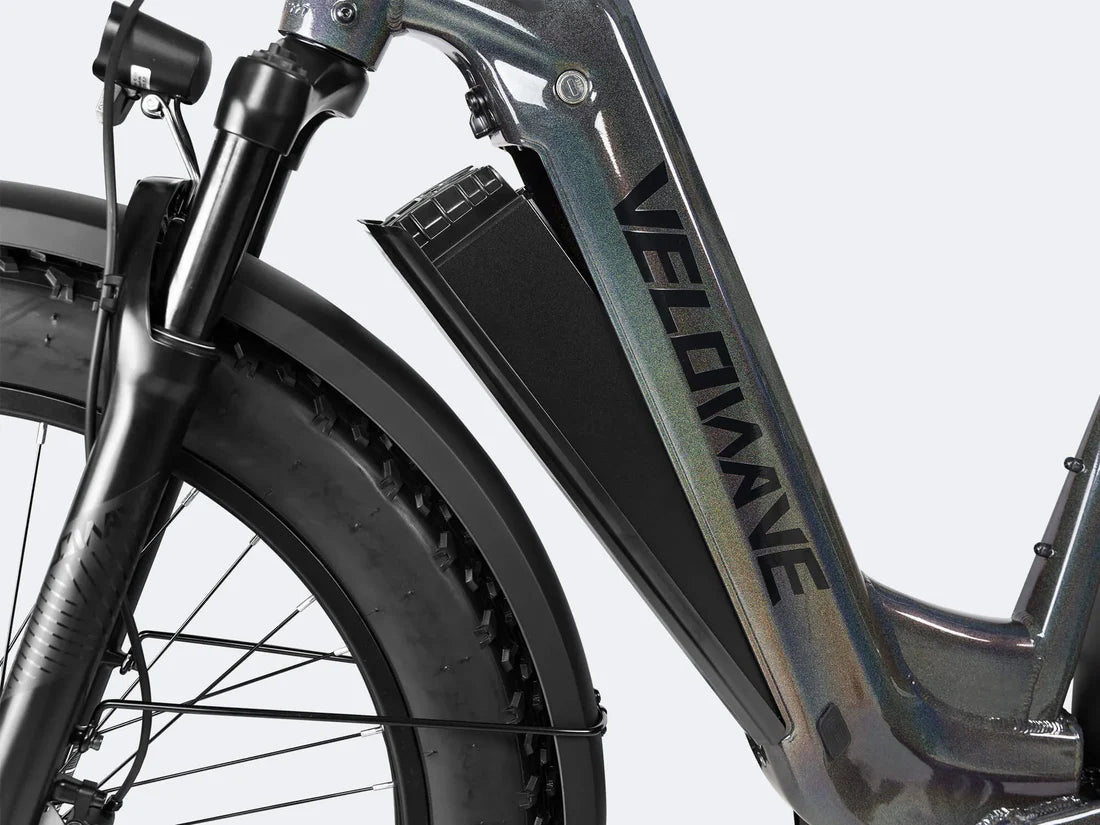 Velowave Ranger Step-Thru 3.0 Torque Sensor Electric Bike Close-up of a Velomove electric bike frame on a white background. Valowave Ranger Step-Thru 3.0 Torque Sensor Electric Bike