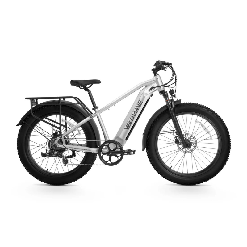 Velowave Ranger 2.0 Fat Tire All-Terrain Electric Bike White electric bike with black tires on a white background. Valowave Ranger 2.0 Fat Tire All-Terrain Electric Bike