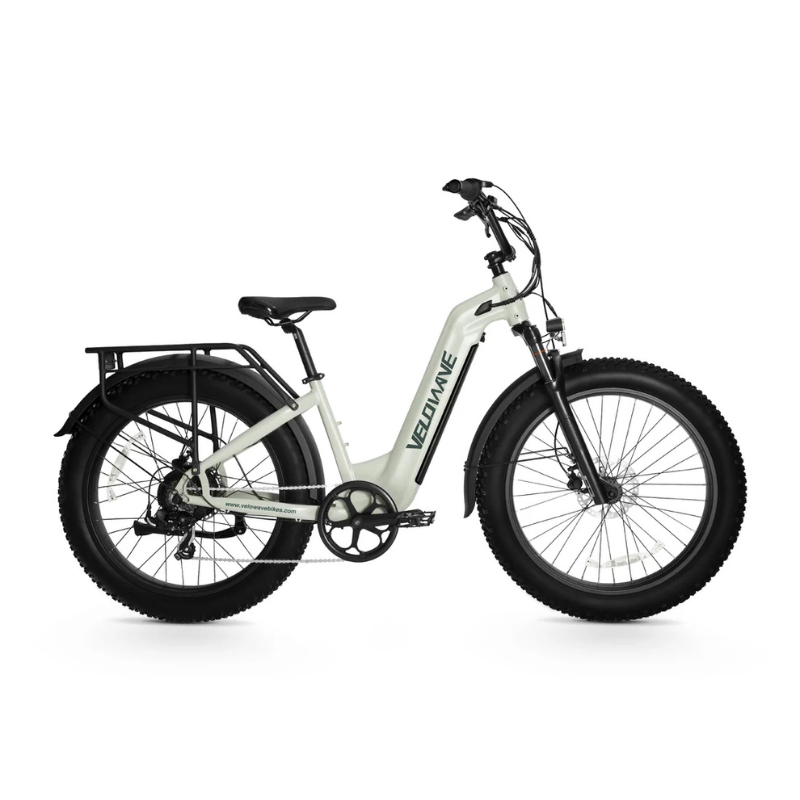 Velowave Ranger 2.0 Fat Tire All-Terrain Electric Bike White electric bike with black tires on a white background. Valowave Ranger 2.0 Fat Tire All-Terrain Electric Bike