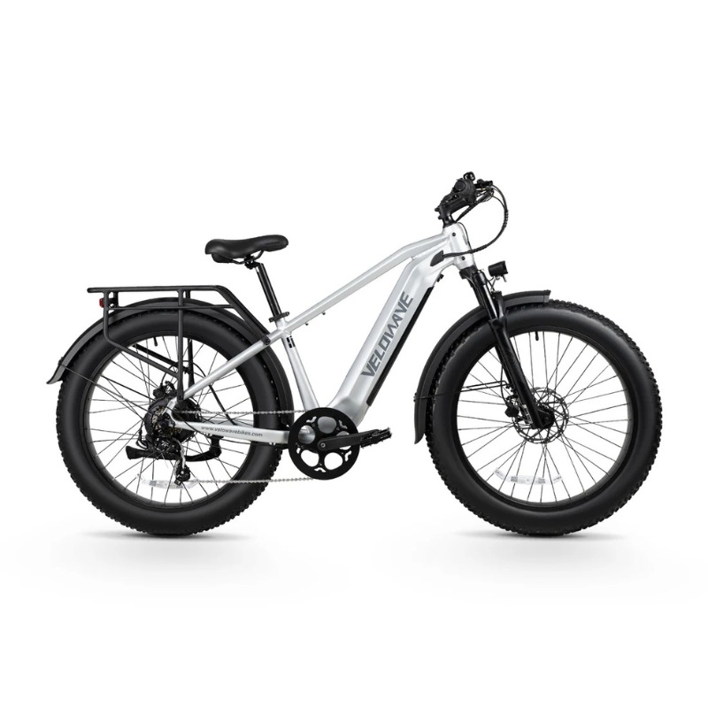 Velowave Ranger 3.0 Fat Tire All-Terrain Electric Bike White electric bike with black details on a white background. Valowave Ranger 3.0 Fat Tire All-Terrain Electric Bike