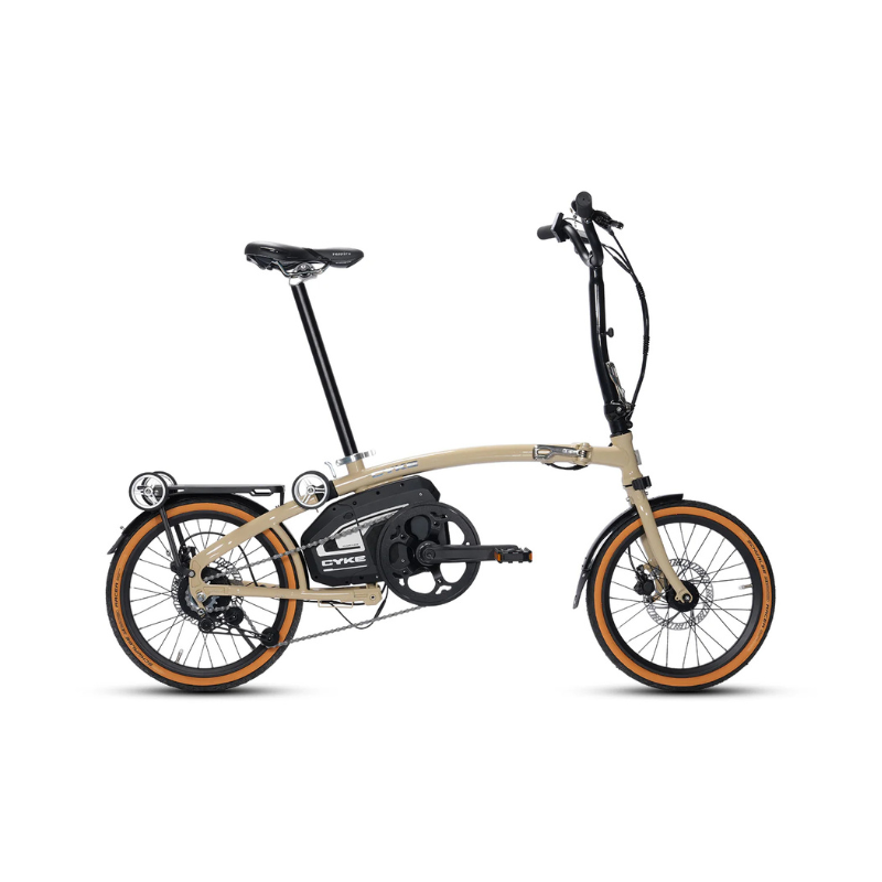 CYKE Kingfisher Mid-Drive Folding eBike Foldable electric bike with a beige frame and black components on a white background. CYKE Kingfisher Mid-Drive Folding eBike