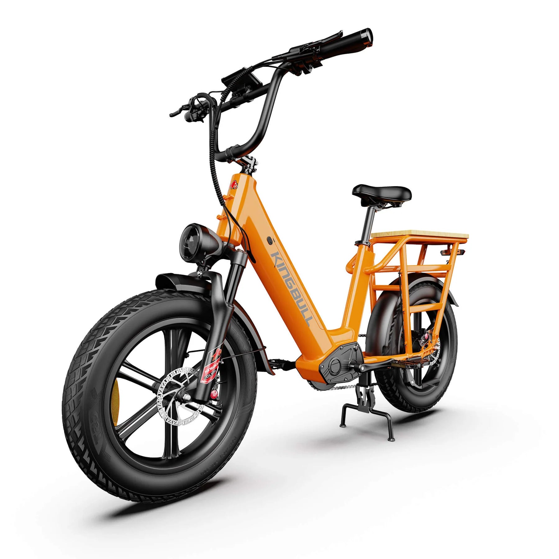 Kingbull Voyager 2.0 Fat Tire Electric Cargo Bike Orange electric bike with black components on a white background. Kingbull Voyager 2.0 Fat Tire Electric Cargo Bike