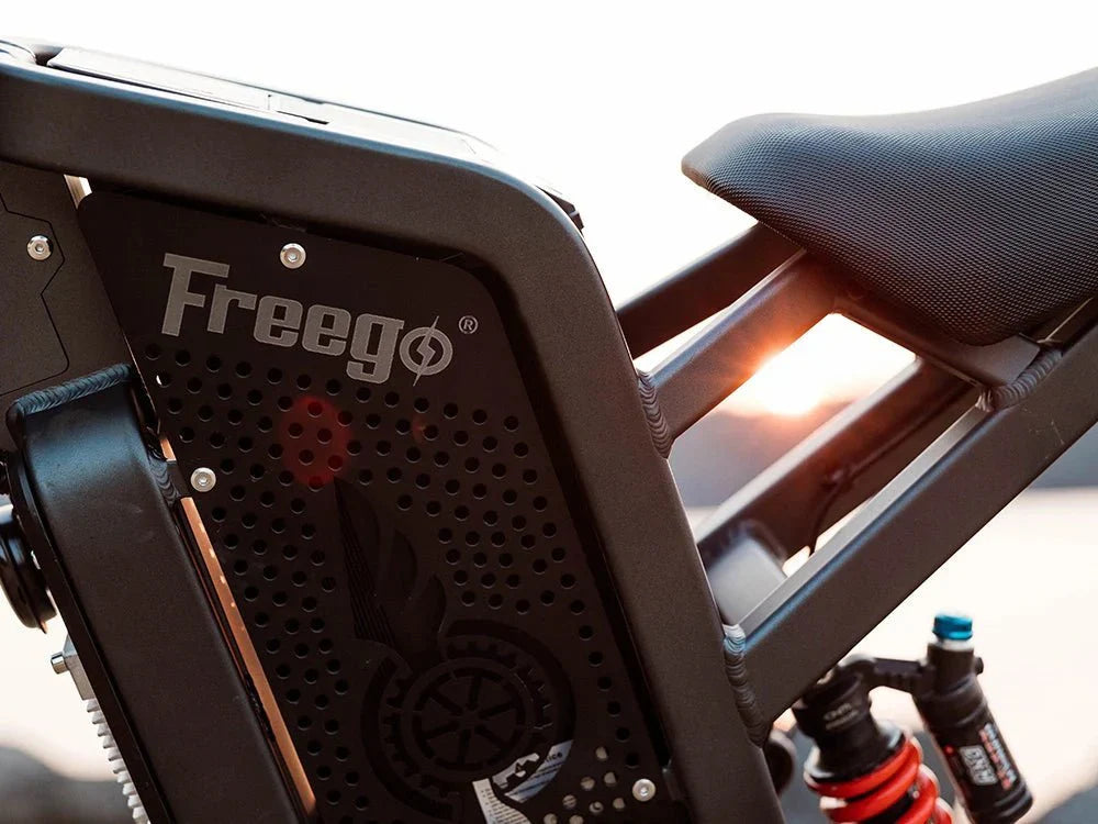 Freego X2 Pro All-Terrain Dirt eBike Close-up of a Freego electric bike with sunset in the background. Freego X2 Pro All-Terrain Dirt eBike