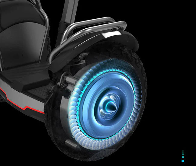 Freego X60 Plus Multifunctional Off-Road Balance Scooter Close-up of a scooter wheel with glowing blue center on a black background. Freego X60 Plus Multifunctional Off-Road Balance Scooter