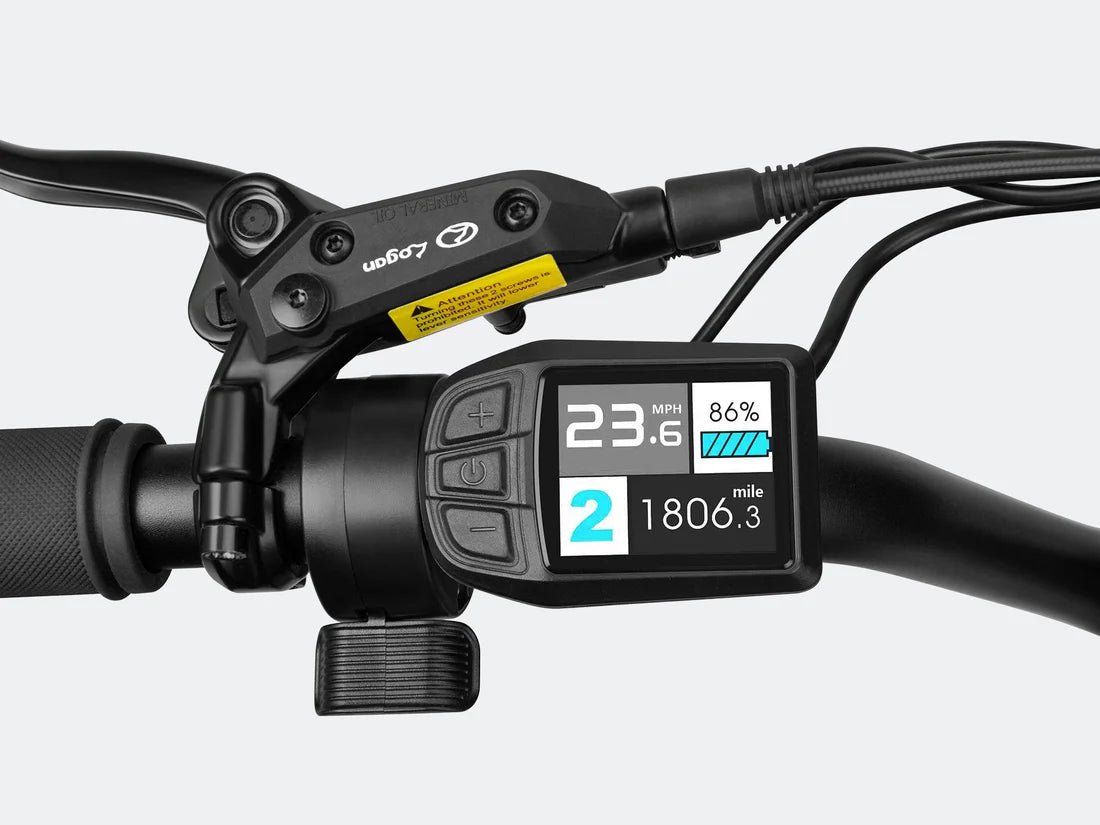 Velowave Prado S Commuter Electric Bike Close-up of an electric bike handlebar with a digital display and brake lever. Valowave Prado S Commuter Electric Bike