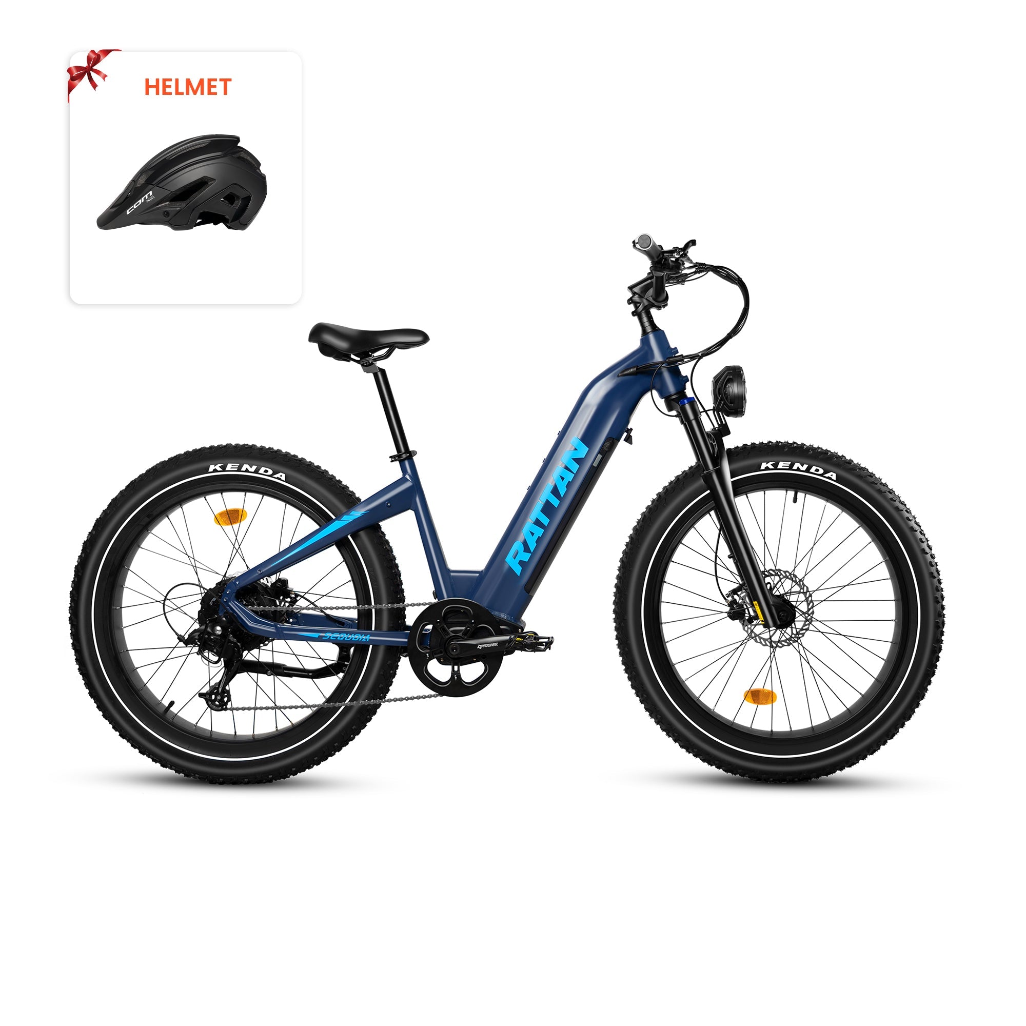 Rattan Sequoia Fat tire eBike Blue electric bike with Kenda tires and a helmet on a white background. Rattan Sequoia Fat tire eBike