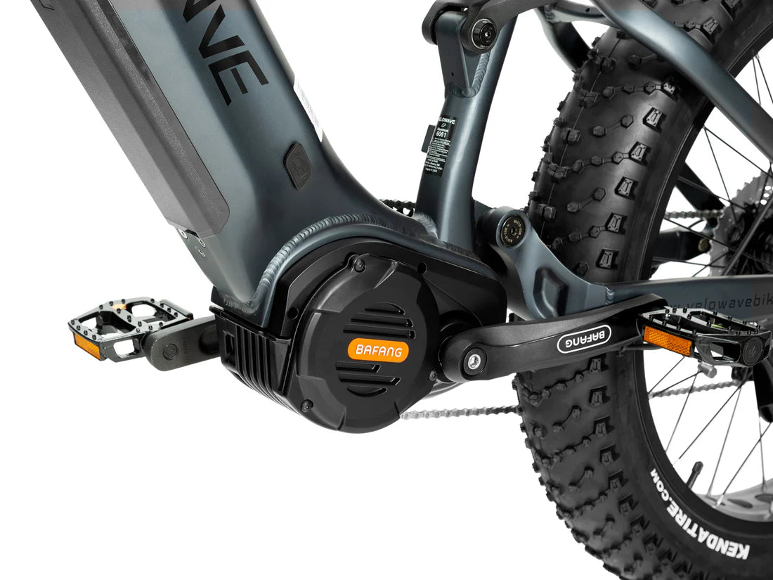 Velowave Brawny XM MTB Mountain Electric Bike Close-up of an electric bike with brand logos on a white background. Valowave Brawny XM MTB Mountain Electric Bike