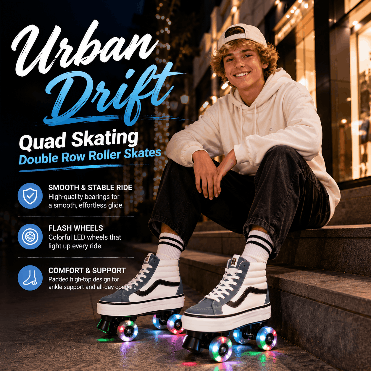 Urban Drift Quad Skating Double Row Roller Skates A smiling young man sits on outdoor steps at night wearing Urban Drift quad roller skates. The skates are double row roller skates with gray and white platform-style boots, black and white stripes on the sides, and multicolor LED wheels that glow with blue, green, and pink light.