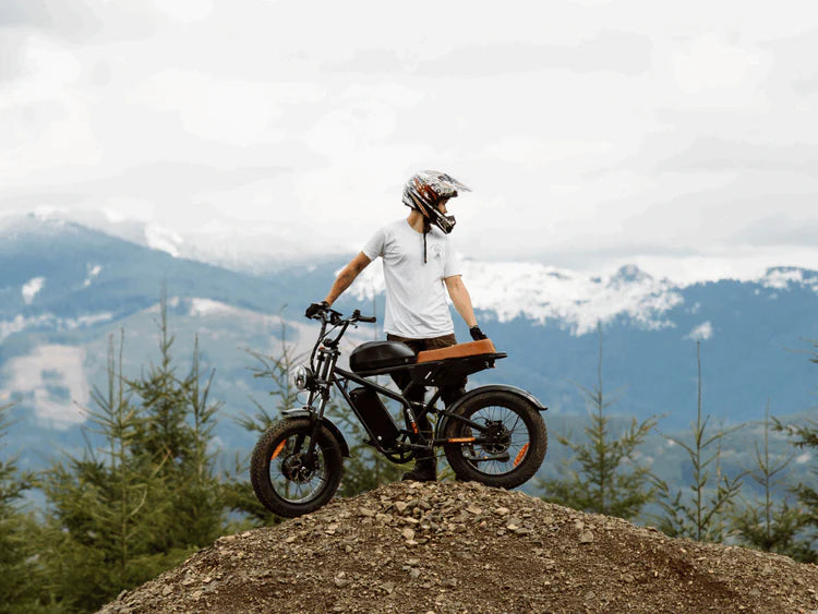Freego Flash F3 Pro Max Dual Motor and Battery eBike Person on a mountain bike with mountains and trees in the background. Freego Flash F3 Pro Max Dual Motor and Battery eBike