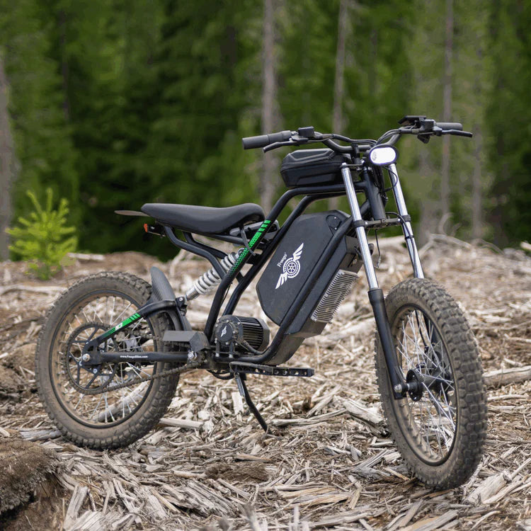 Freego Nova 3 Mid-Drive All-Terrain Dirt eBike Black off-road electric bike on a forest trail. Freego Nova 3 Mid-Drive All-Terrain Dirt eBike