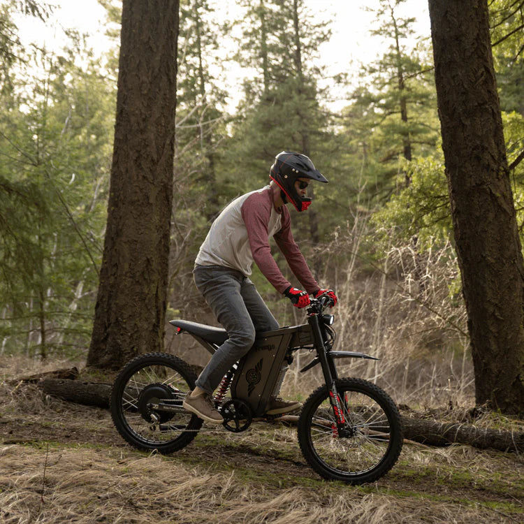 Freego X2 Pro All-Terrain Dirt eBike Person riding an electric bike through a forest. Freego X2 Pro All-Terrain Dirt eBike