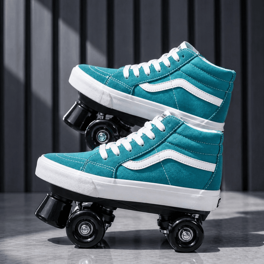 Teal high-top roller skates with white laces on a dark background