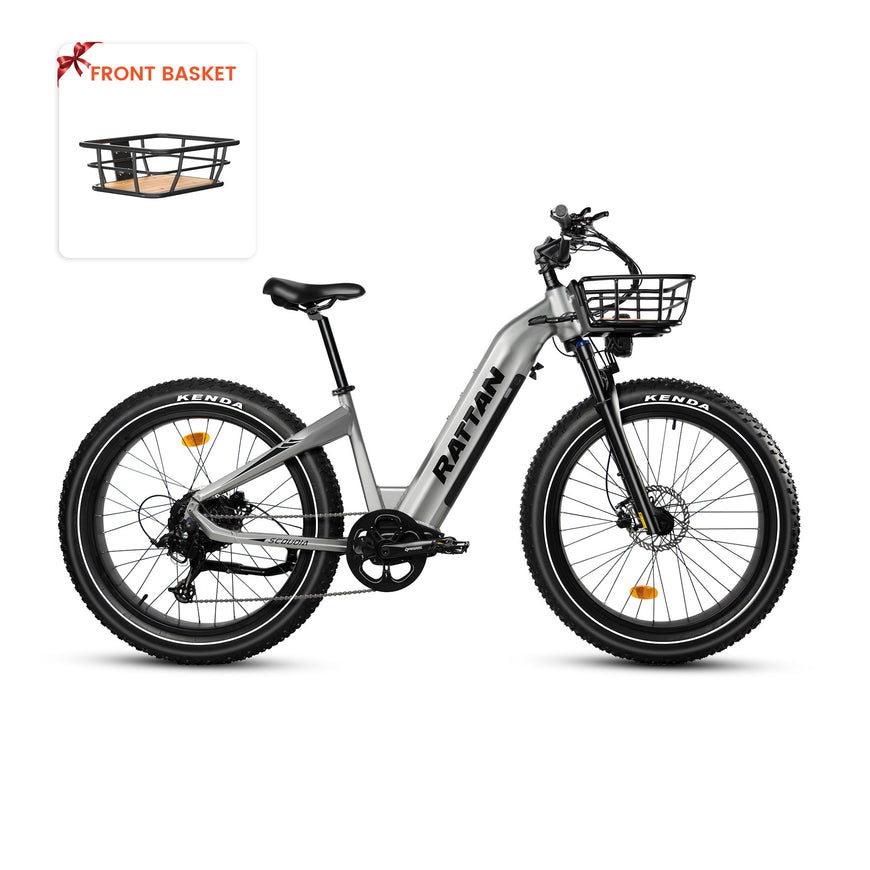 Electric bike with front basket on a white background. Rattan Sequoia Fat tire eBike