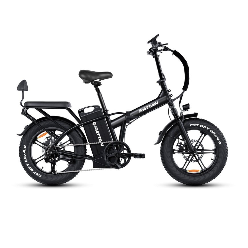 Black electric bike with 'Rattan' branding on a white background. Rattan LM Ultra Folding ebike
