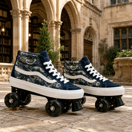 A pair of high-top roller skates with a navy blue and green paisley pattern, white side stripes, and white laces, shown outdoors on a stone courtyard in front of a historic stone building with arches.
