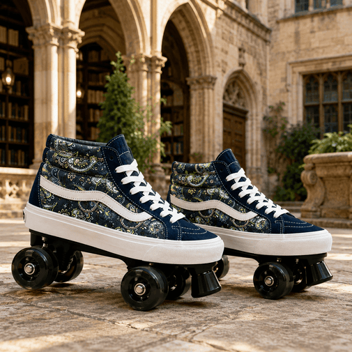 A pair of high-top roller skates with a navy blue and green paisley pattern, white side stripes, and white laces, shown outdoors on a stone courtyard in front of a historic stone building with arches.