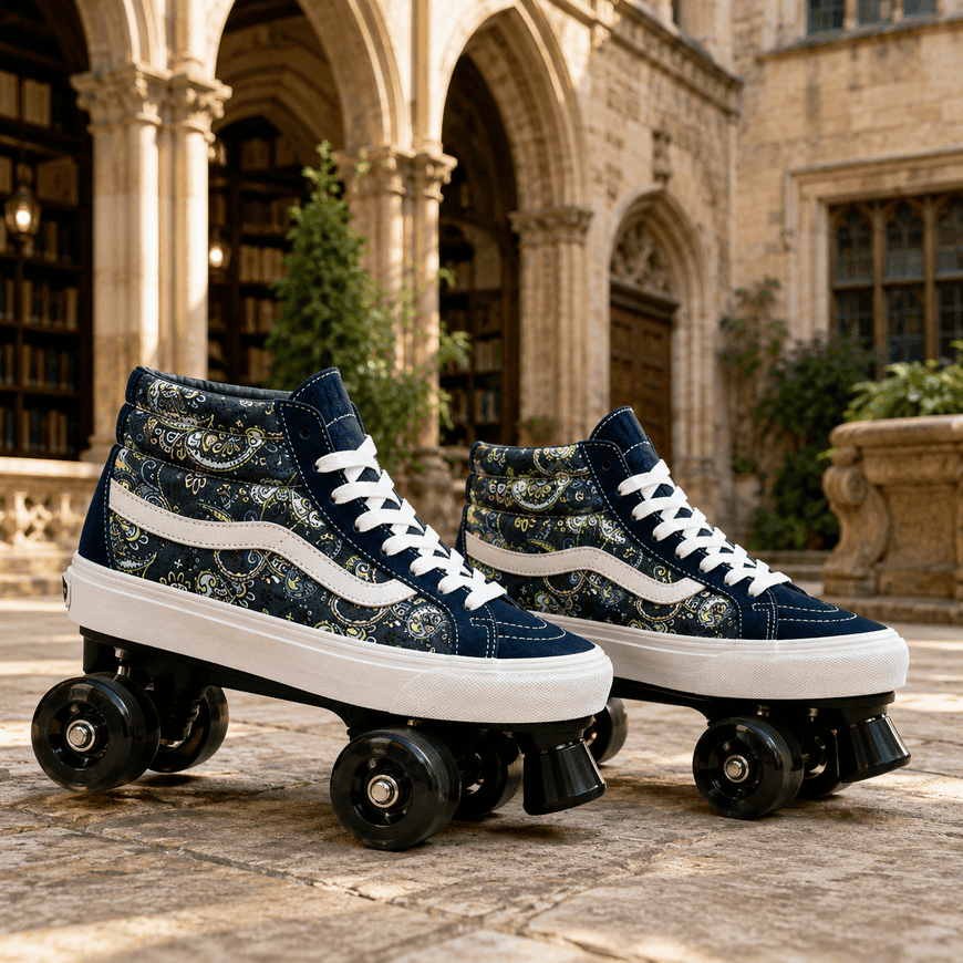 A pair of high-top roller skates with a navy blue and green paisley pattern, white side stripes, and white laces, shown outdoors on a stone courtyard in front of a historic stone building with arches.
