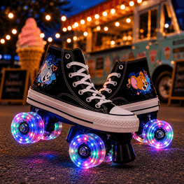A pair of black high-top roller skates with white laces and white rubber toe caps, featuring colorful cartoon graphics on the sides and glowing multicolor LED wheels, set on pavement at night with a blurred ice cream truck and warm string lights in the background.