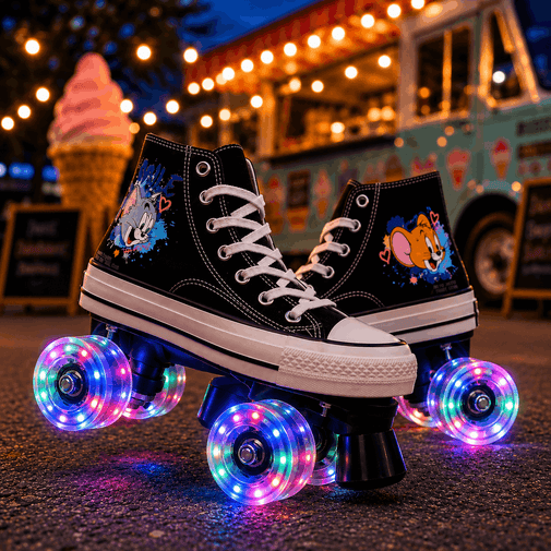 A pair of black high-top roller skates with white laces and white rubber toe caps, featuring colorful cartoon graphics on the sides and glowing multicolor LED wheels, set on pavement at night with a blurred ice cream truck and warm string lights in the background.