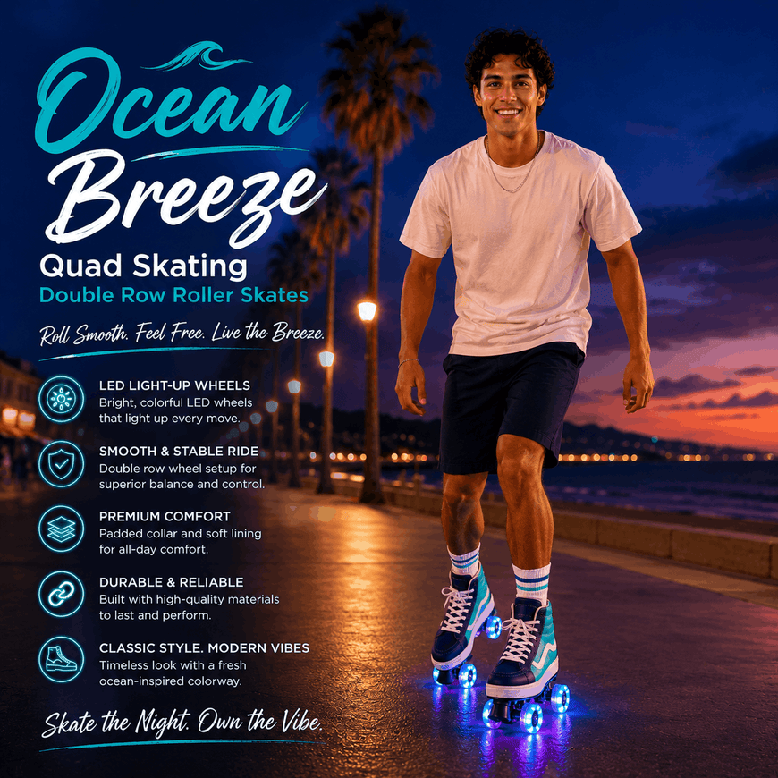 A man wearing a white t-shirt, navy shorts, and blue sneakers with glowing multicolor LED light-up wheels is double rowing on a skateboard on a waterfront at dusk. The left side of the image features product text and feature icons for 'Ocean Breeze Quad Skating'.