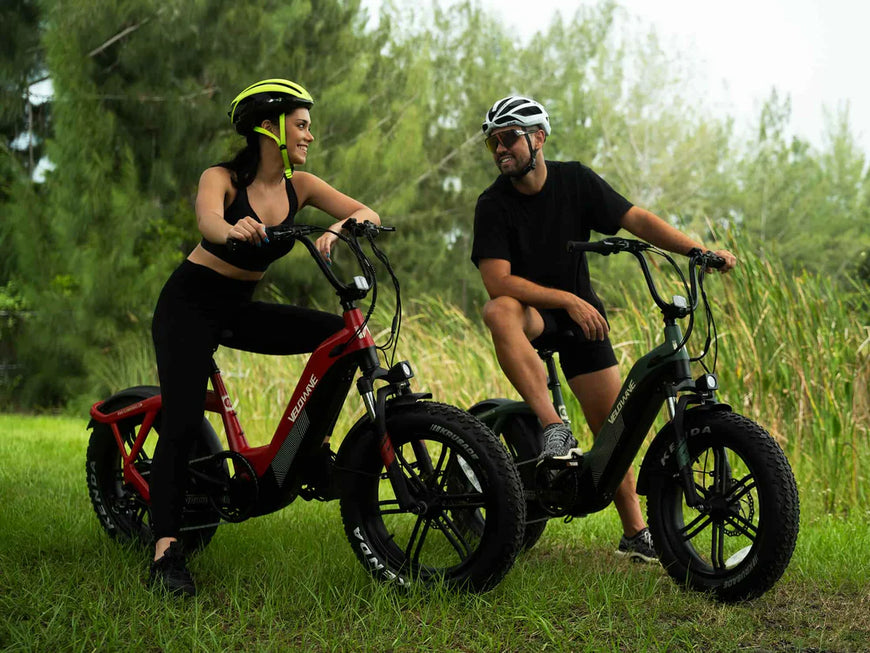 Two people riding electric bikes in a grassy outdoor setting. Valowave Pony Compact Step-Thru Electric Bike